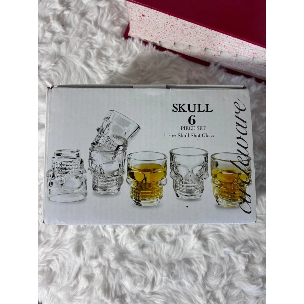 Skull Shot Glass Set 6 Piece 1.7oz 50ml Clear Glass Gothic Barware Halloween
